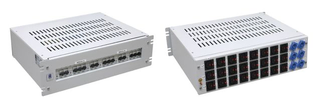PRS-3U distributionspanel 19" med C13 uttag och inkommande 6 x 20A Neutrik Powercon kontakter, kundanpassat. F-rack Systems AB