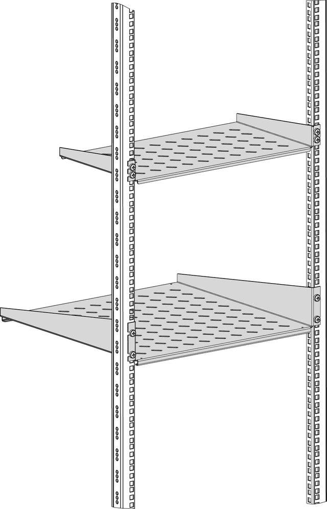 Visar fast rackhylla monterad som enbart fästs i framkant. Den övre är 1U modellen. F-rack Systems AB